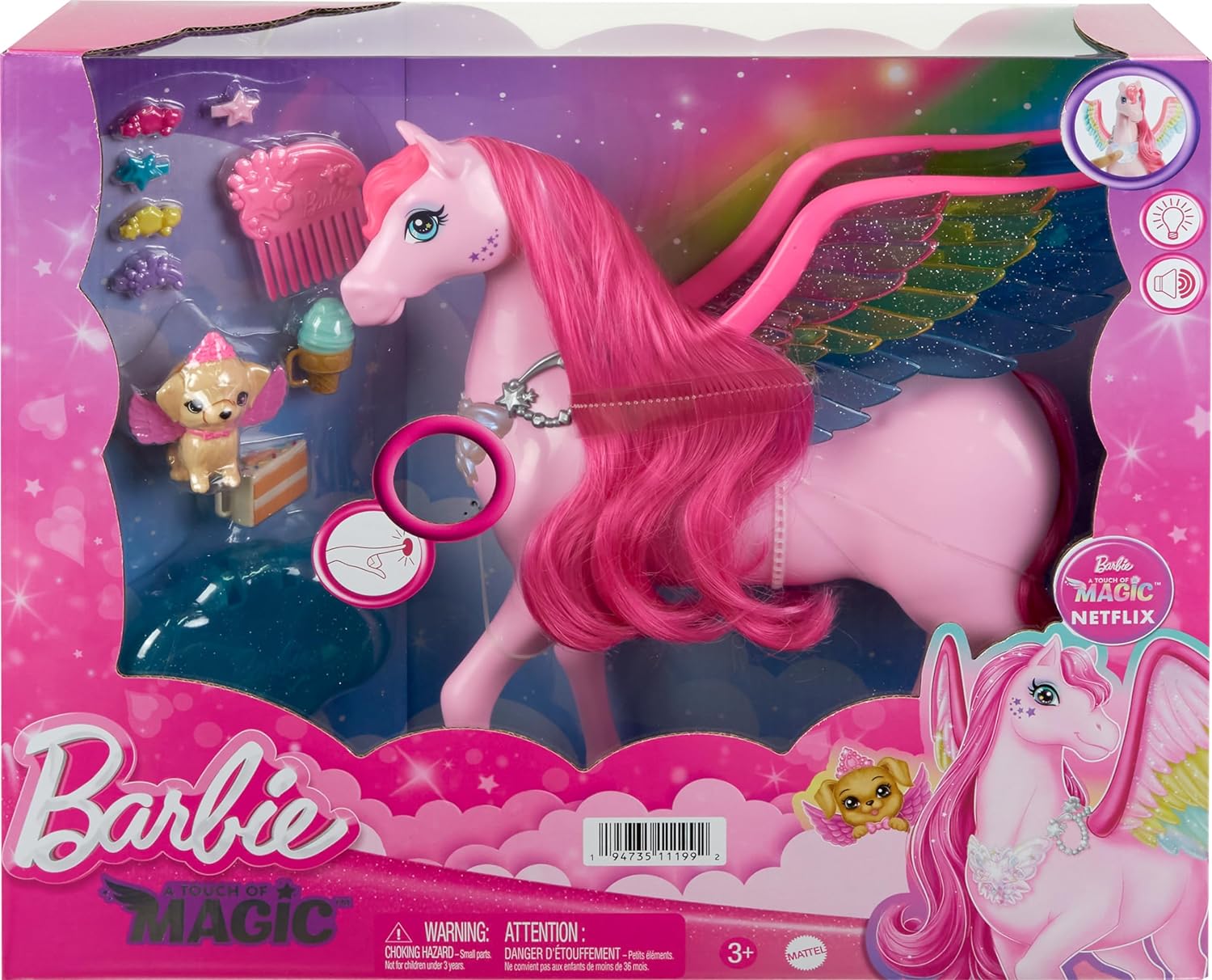 Barbie Pink Barbie Pegasus with 10 Accessories Including Puppy, Winged Horse Toys with Lights and Sounds, Barbie A Touch of Magic (Amazon Exclusive)