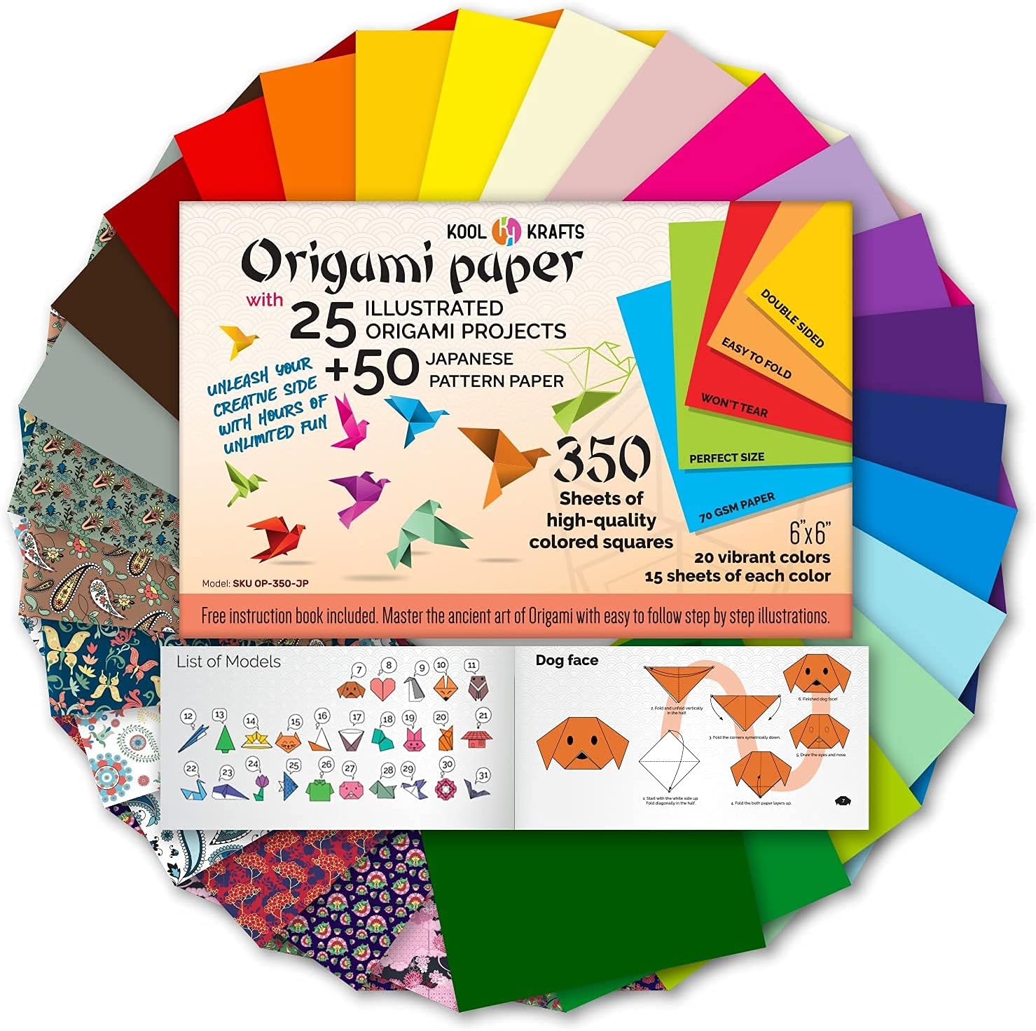 Origami Paper | 350 Origami Paper Kit | Set Includes - 300 Sheets 20 Colors 6x6 | 50 Traditional Japanese Patterns | Origami Book 25 Easy Colored Projects | Kids Crafts | Christmas Gifts for boys 8-12