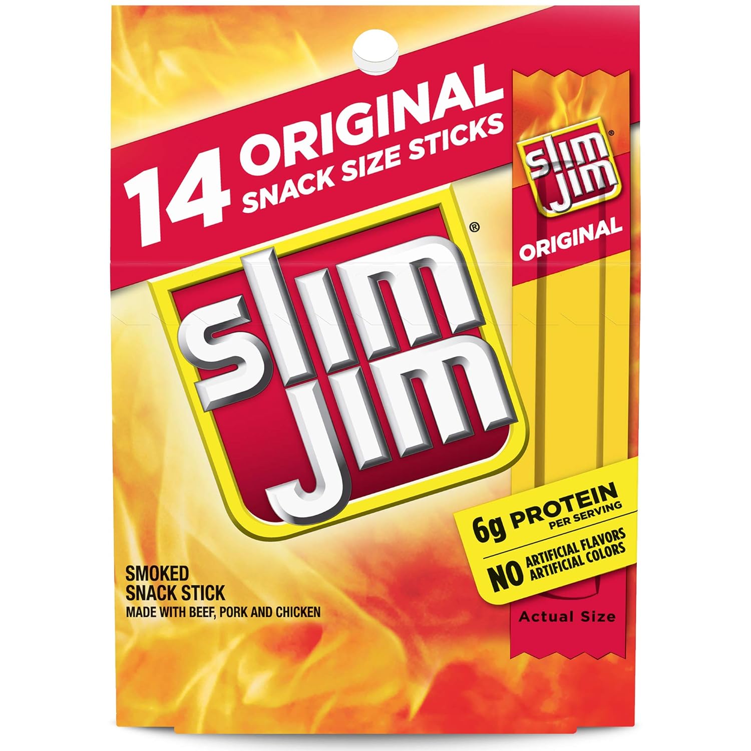 Slim Jim Snack Sized Original Smoked Snack Stick, Easy, On-the-Go School, Work and Travel Snacks, 0.28 OZ Meat Snacks, 14 Count
