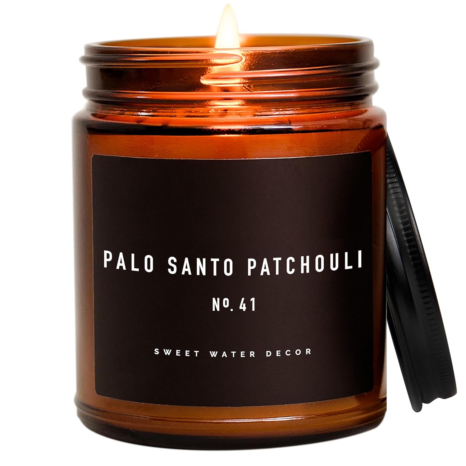 Sweet Water Decor Palo Santo Patchouli Candle | Vanilla, Musk, Sandalwood, Patchouli Scented Soy Candles for Home | Gifts for Women, Men, Housewarming | 9oz Amber Jar, 40 Hour Burn Time