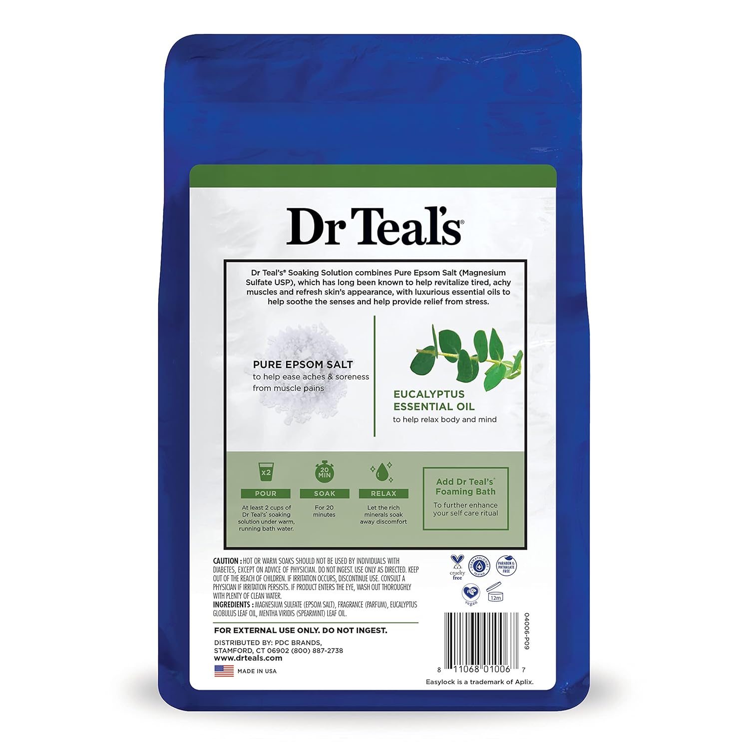 Dr Teal's Pure Epsom Salt Soak, Relax & Relief with Eucalyptus & Spearmint, 3lbs
