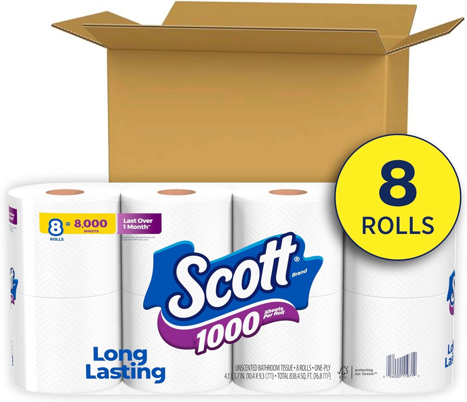 Scott 1000 Toilet Paper, 8 Rolls, Septic-Safe, 1-Ply Toilet Tissue