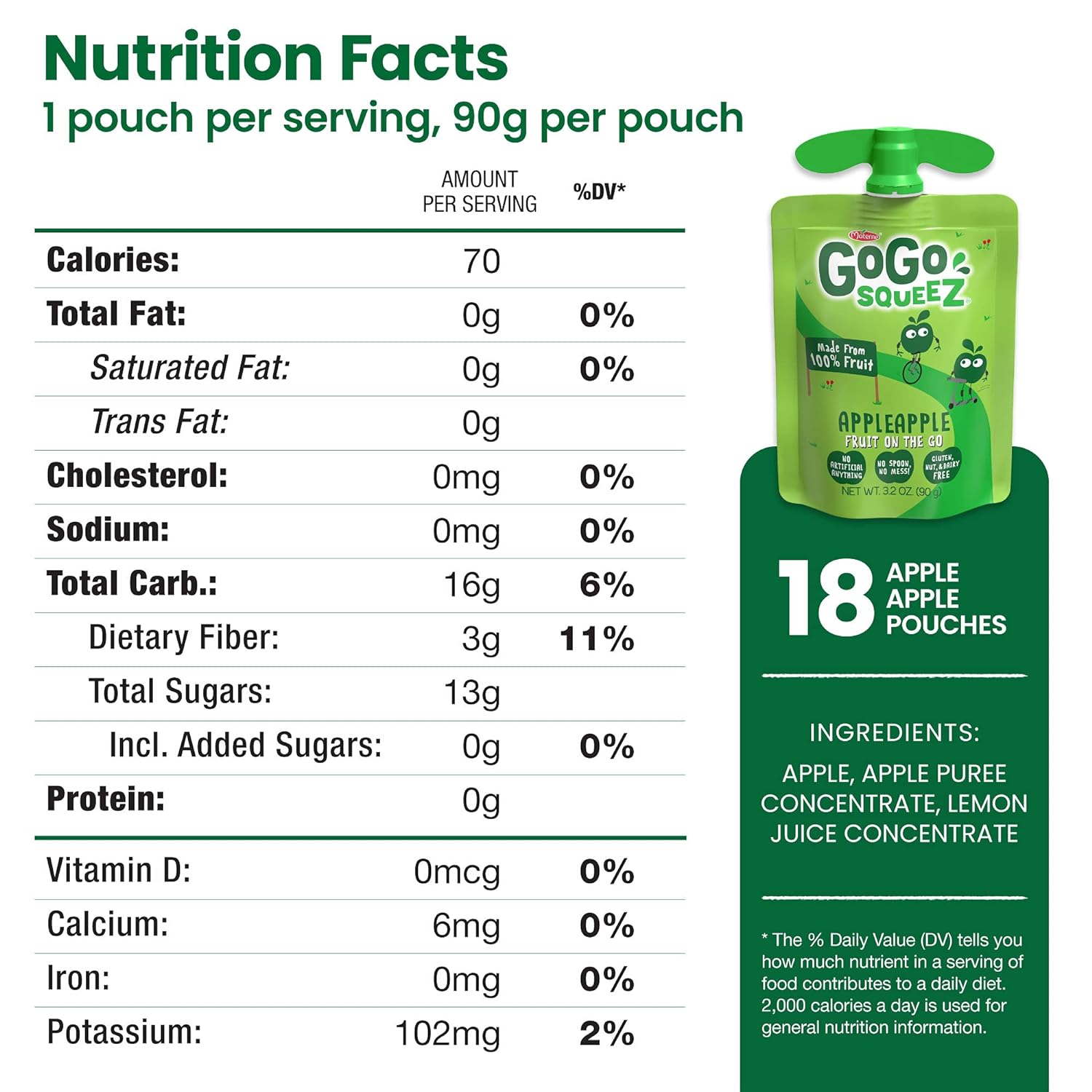 GoGo squeeZ Fruit on the Go, Apple Apple, 3.2 oz (Pack of 18), Unsweetened Fruit Snacks for Kids, Gluten Free, Nut and Dairy Free, Recloseable Cap, BPA Free Pouches