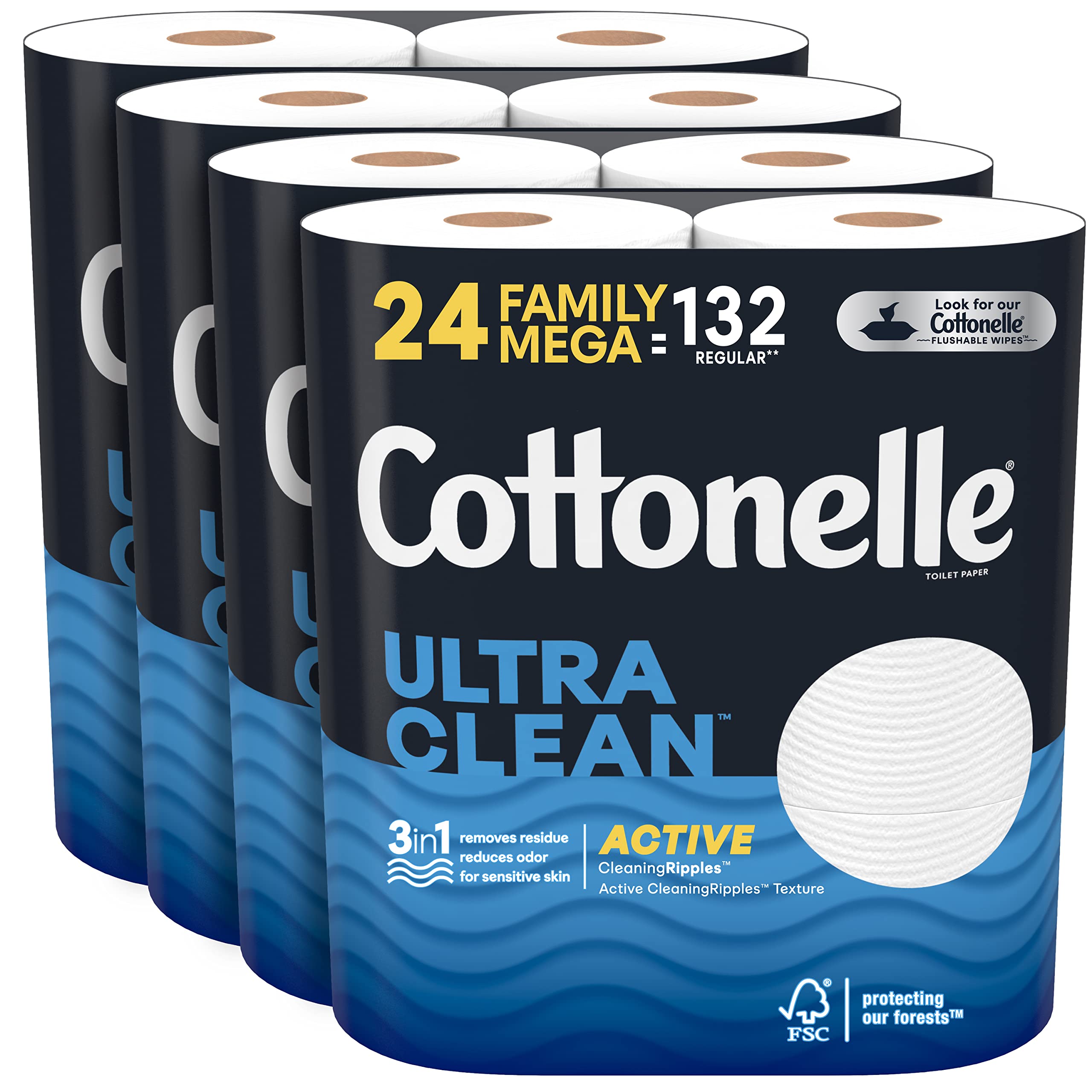 Cottonelle Ultra Clean Toilet Paper with Active CleaningRipples, 1-Ply, 24 Family Mega Rolls (4 Packs of 6) (24 Family Mega Rolls = 132 Regular Rolls), 388 Sheets per Roll, Packaging May Vary