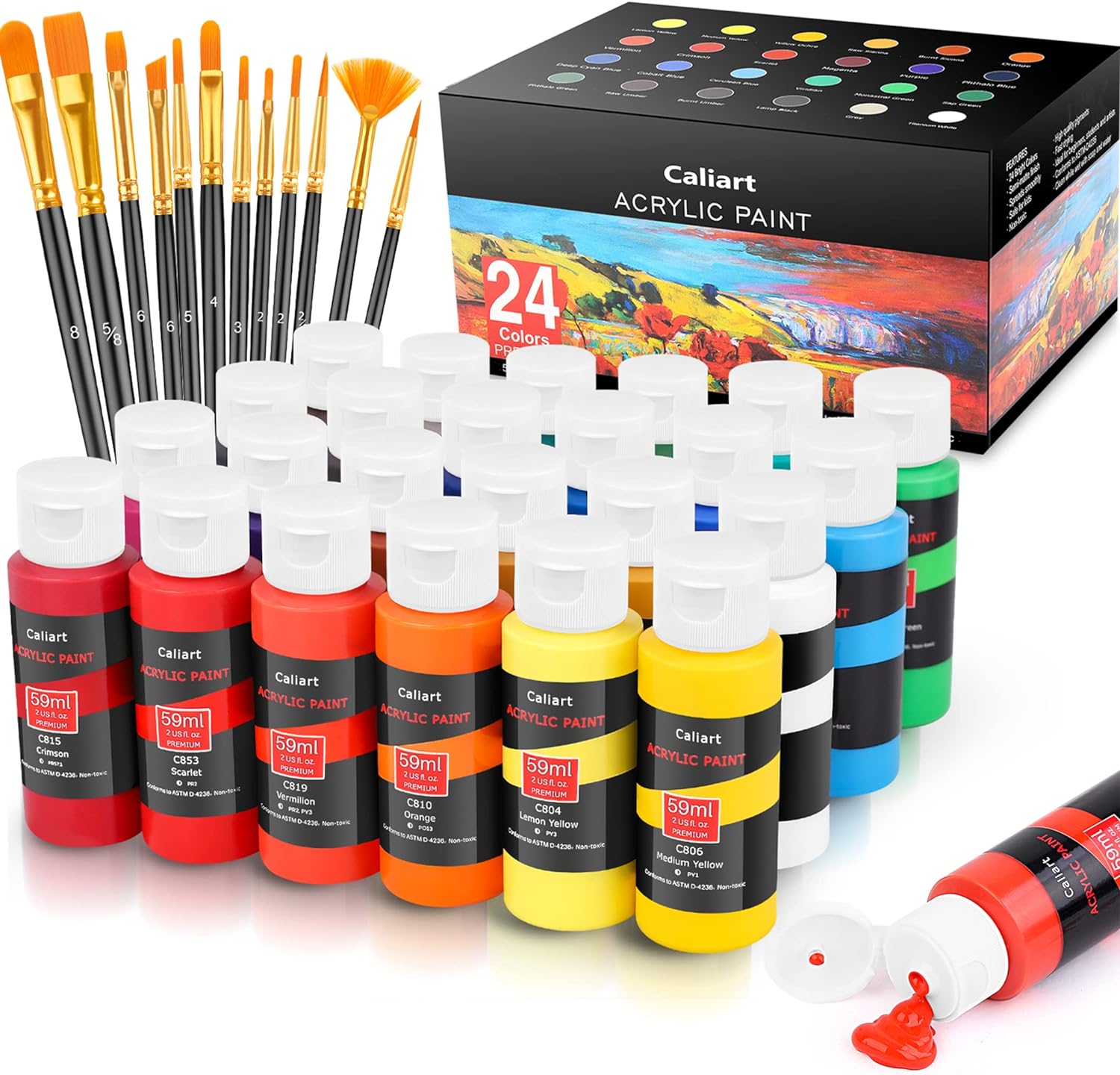 Caliart Acrylic Paint Set With 12 Brushes, 24 Colors (59ml, 2oz) Art Craft Paints Gifts for Artists Kids Beginners & Painters, Halloween Pumpkin Canvas Ceramic Rock Painting Kit Art Supplies