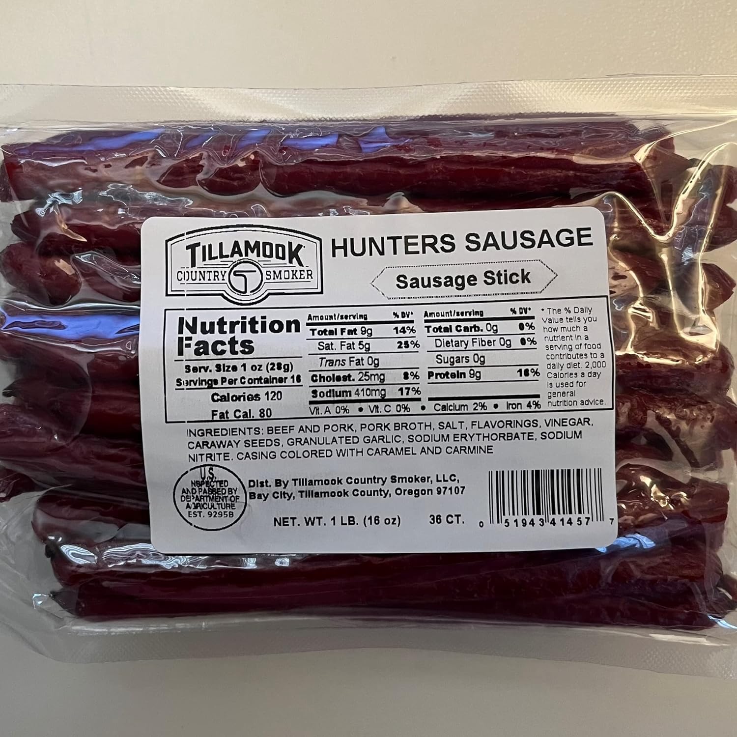Tillamook Country Smoker Real Hardwood Smoked Sausages, Hunter's Sausage Meat Sticks, Low Carb, High Protein, Ready to Eat Snacks, 36 Count Bulk Pack