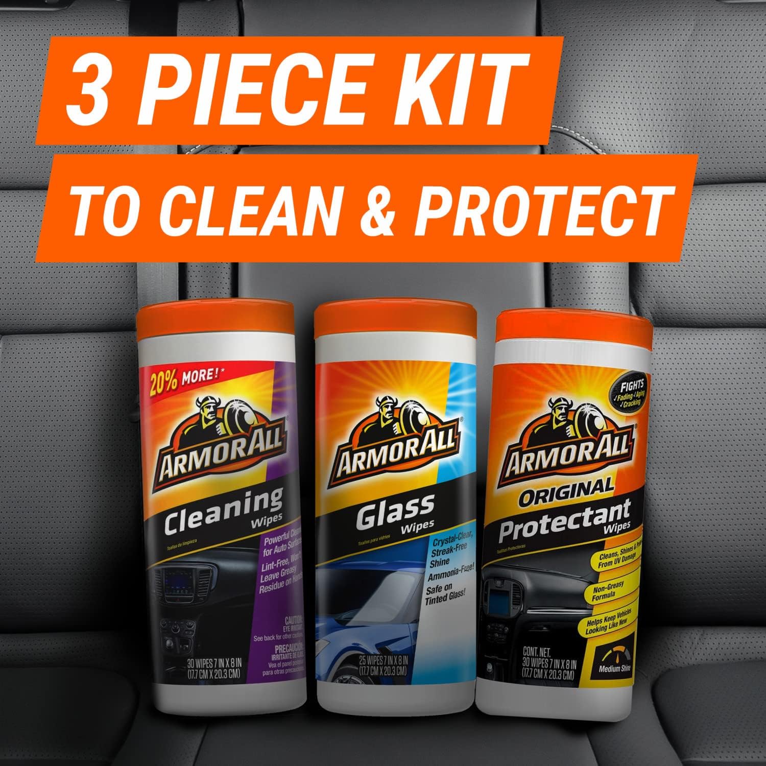 Armor All Car Wipes Multi-Pack by Armor All, Cleans Vehicle Interior and Exterior, Includes All Protectant Wipes, Armor All Glass and Armor All Cleaning Wipes, 3-Pack, 30 Wipes Each