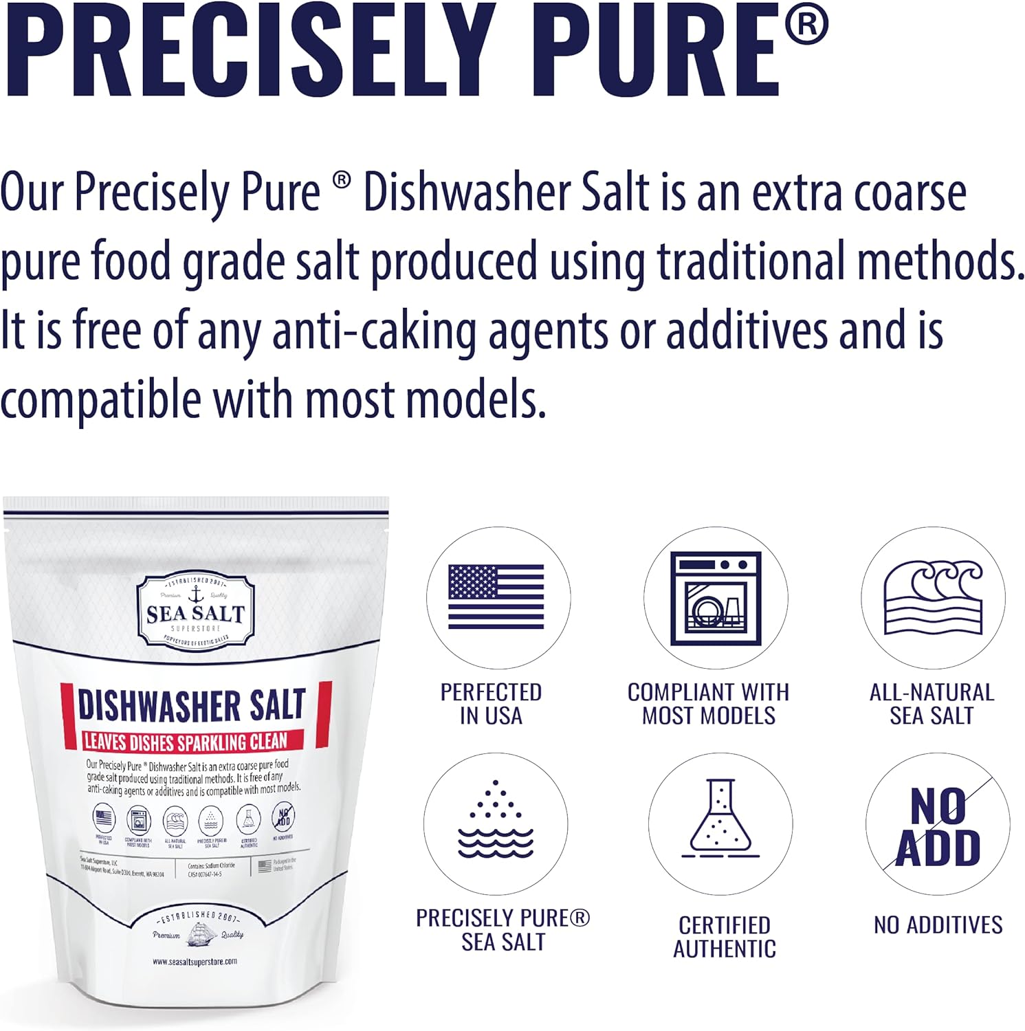 Dishwasher Salt - All-Natural Water Softener Salt for a Clean Finish - Compatible with Bosch, Miele, Thermador, Whirlpool Dishwashers and More - Food-Grade Coarse Sea Salt (5 lb Bag)