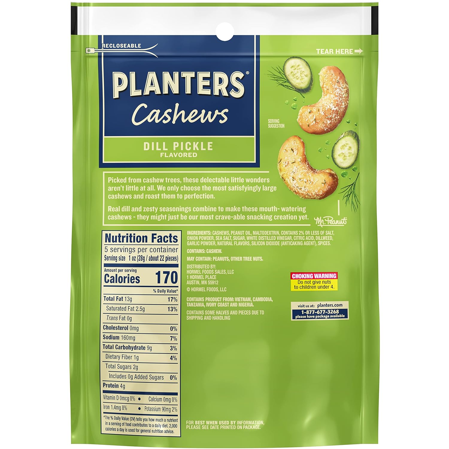 PLANTERS Whole Cashews Dill Pickle Flavored, Party Snacks, 5 Oz Bag