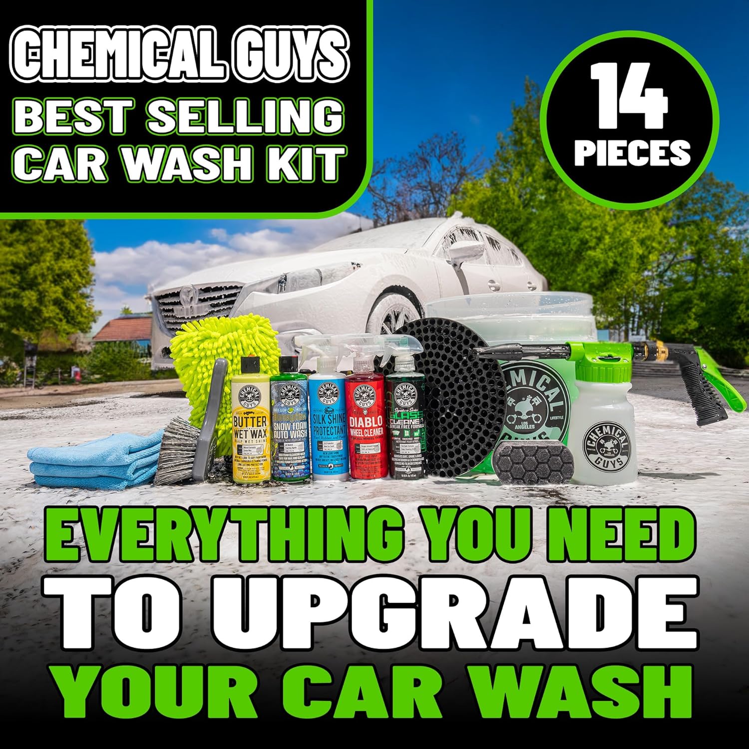 Chemical Guys HOL126 14-Piece Arsenal Builder Car Wash Kit with Foam Gun, Bucket and (5) 16 oz Car Care Cleaning Chemicals (Works w/Garden Hose)