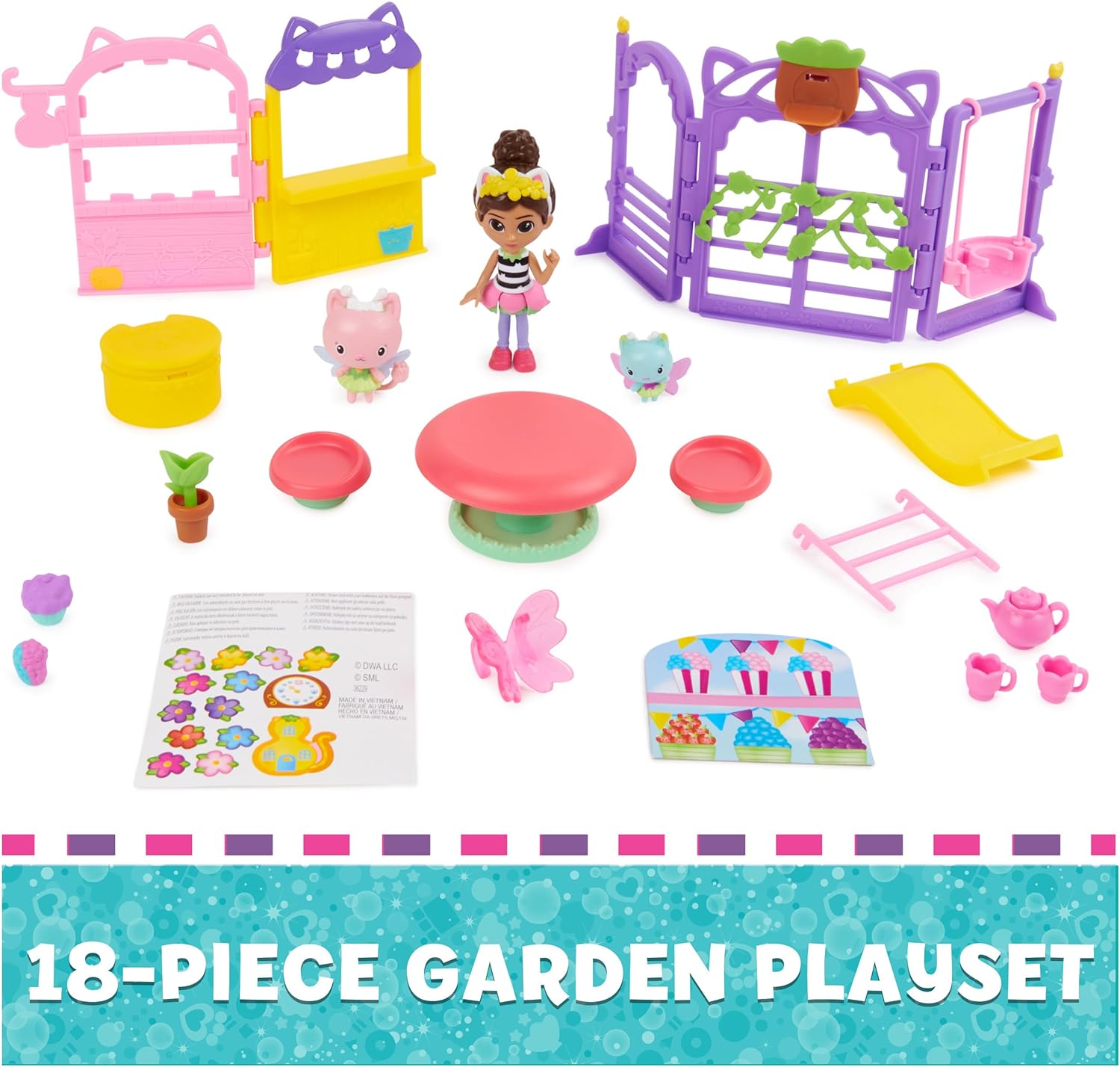 Gabby’s Dollhouse, Kitty Fairy Garden Party, 18-Piece Playset with 3 Toy Figures, Surprise Toys & Dollhouse Accessories, Kids Toys for Girls & Boys 3+