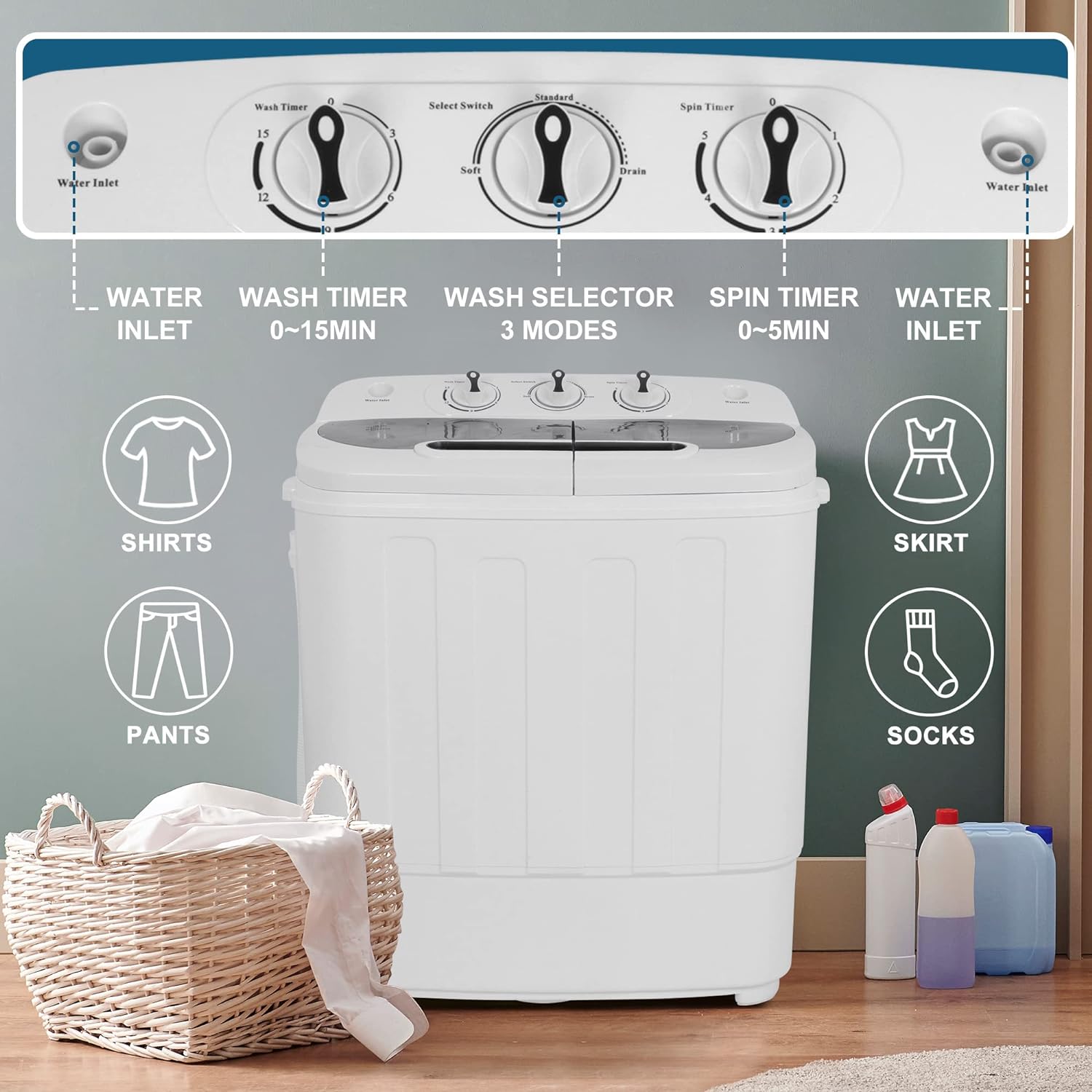 SUPER DEAL Compact Mini Twin Tub Washing Machine 13lbs Capacity Portable Washer Wash and Spin Cycle Combo, Built-in Gravity Drain for Camping, Apartments, Dorms, College, RV’s and Small Spaces