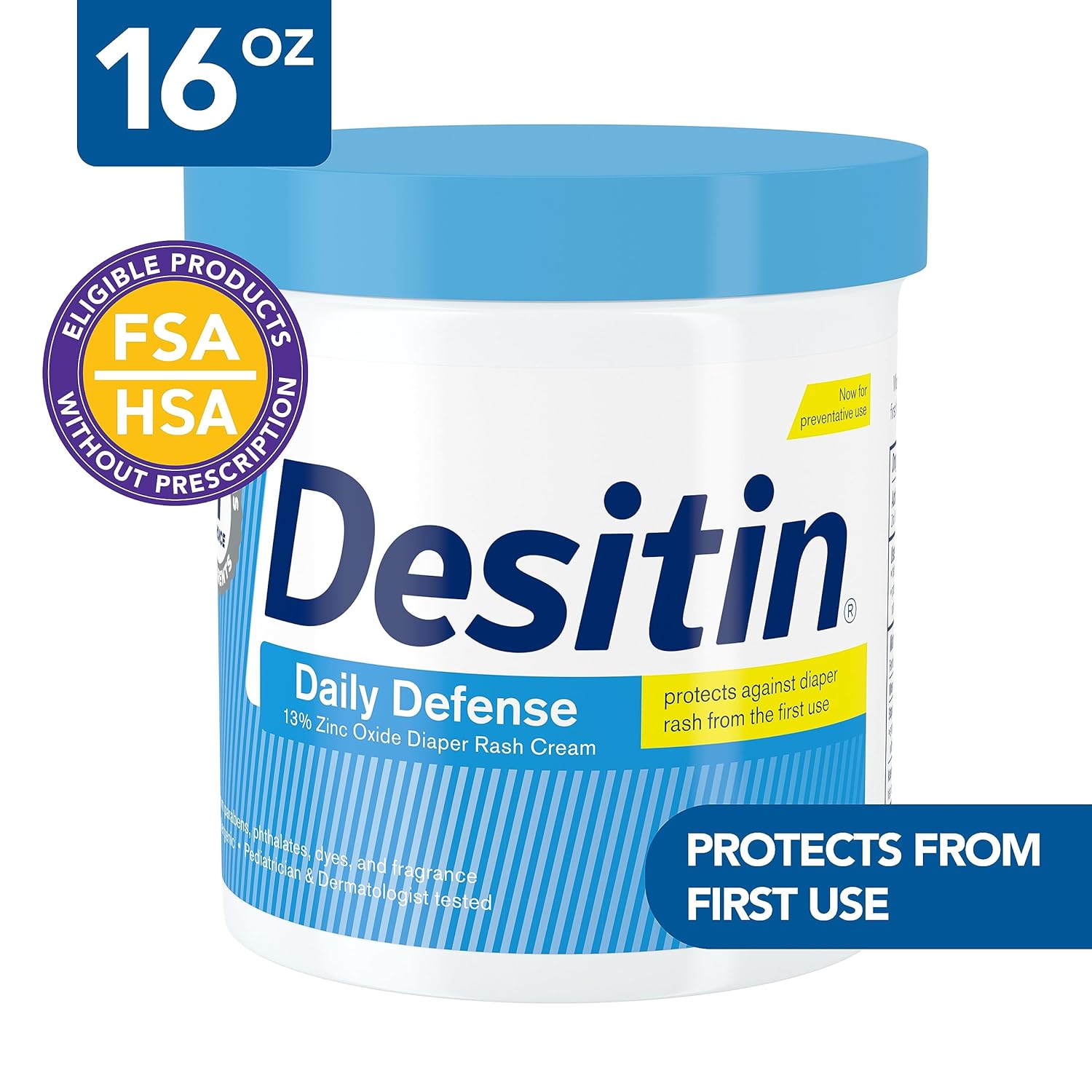 Desitin Daily Defense Baby Diaper Rash Cream with 13% Zinc Oxide, Barrier Cream to Treat, Relieve & Prevent Diaper Rash, Hypoallergenic, Dye-, Phthalate- & Paraben-Free, 16 oz