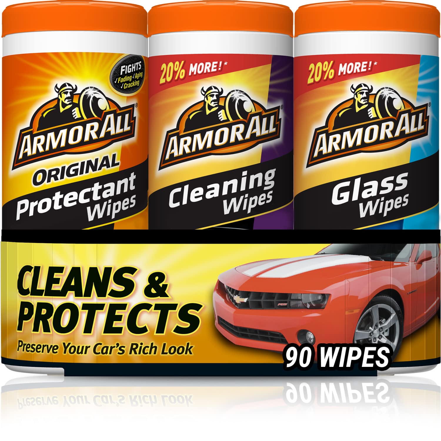 Armor All Car Wipes Multi-Pack by Armor All, Cleans Vehicle Interior and Exterior, Includes All Protectant Wipes, Armor All Glass and Armor All Cleaning Wipes, 3-Pack, 30 Wipes Each