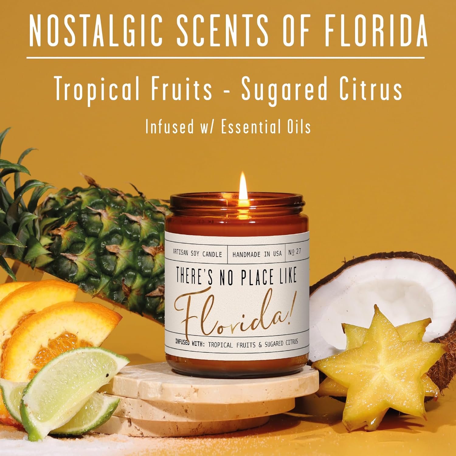 Florida Gifts, Florida Decor for Home - 'There's No Place Like Florida Candle, w/Tropical Fruits & Sugared Citrus I Florida Souvenirs I Florida State Gifts I 9oz Jar, 50Hr Burn, USA Made