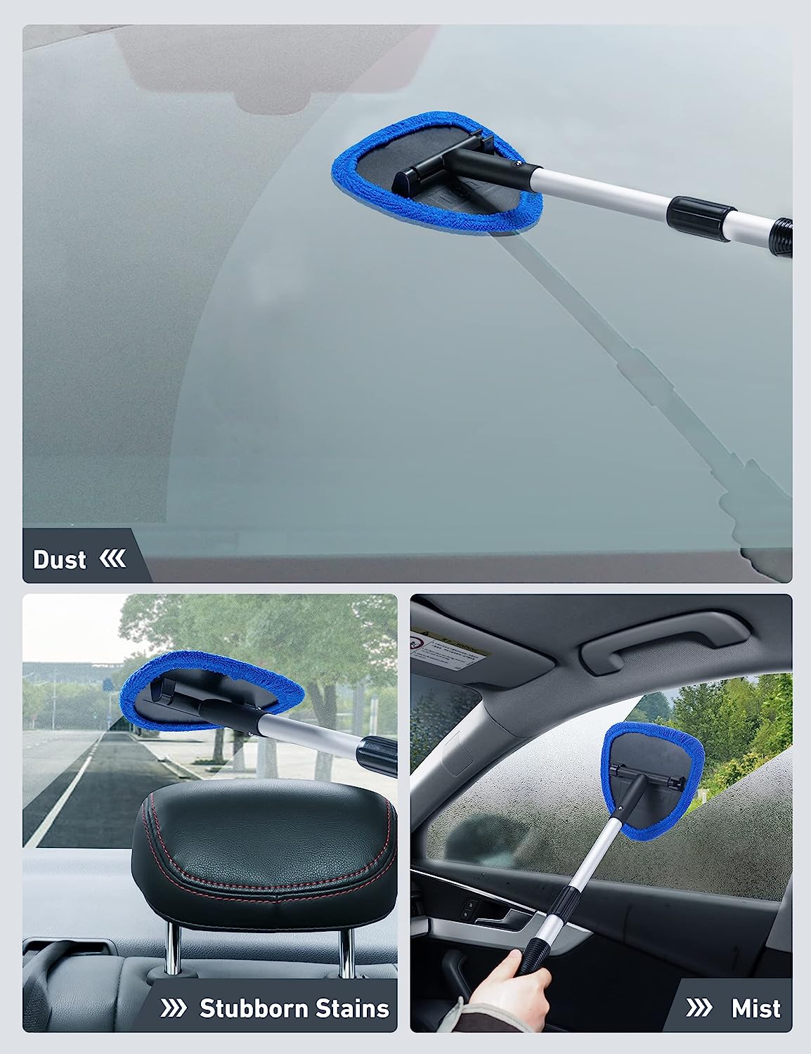 AstroAI Windshield Cleaner, Car Windshield Cleaning Tool Inside with 4 Reusable and Washable Microfiber Pads and Extendable Handle Auto Glass Wiper Kit, Blue