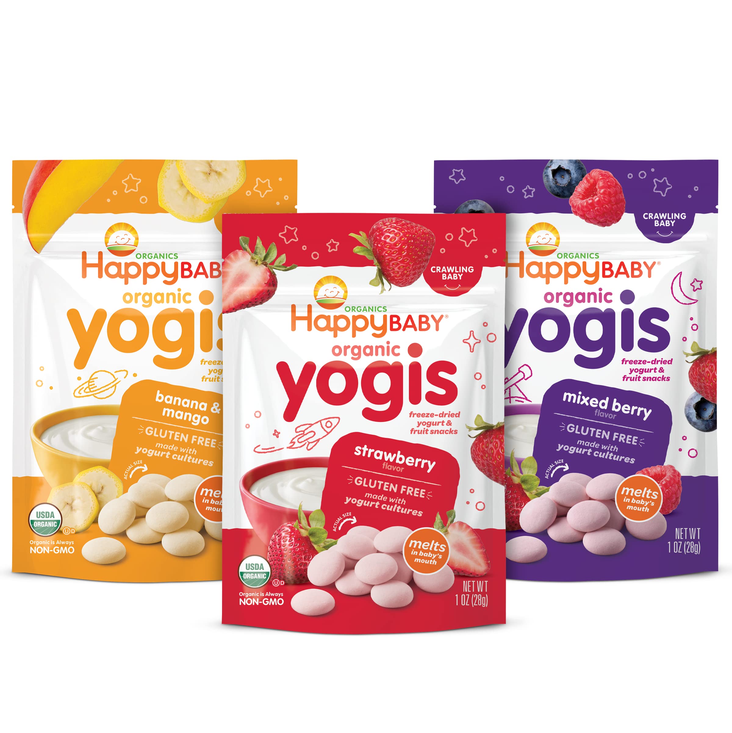 Happy Baby Organics Yogis Freeze-Dried Yogurt & Fruit Snacks, 3 Flavor Variety Pack, 1 Ounce (Pack of 3)