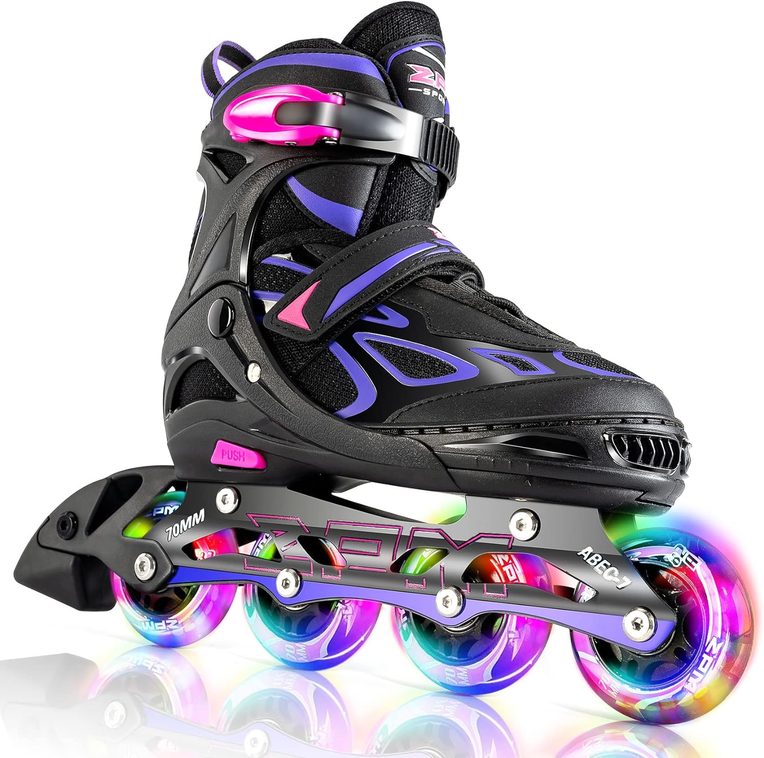 2PM SPORTS Vinal Girls Adjustable Flashing Inline Skates, All Wheels Light Up, Fun Illuminating Skates for Kids and Men