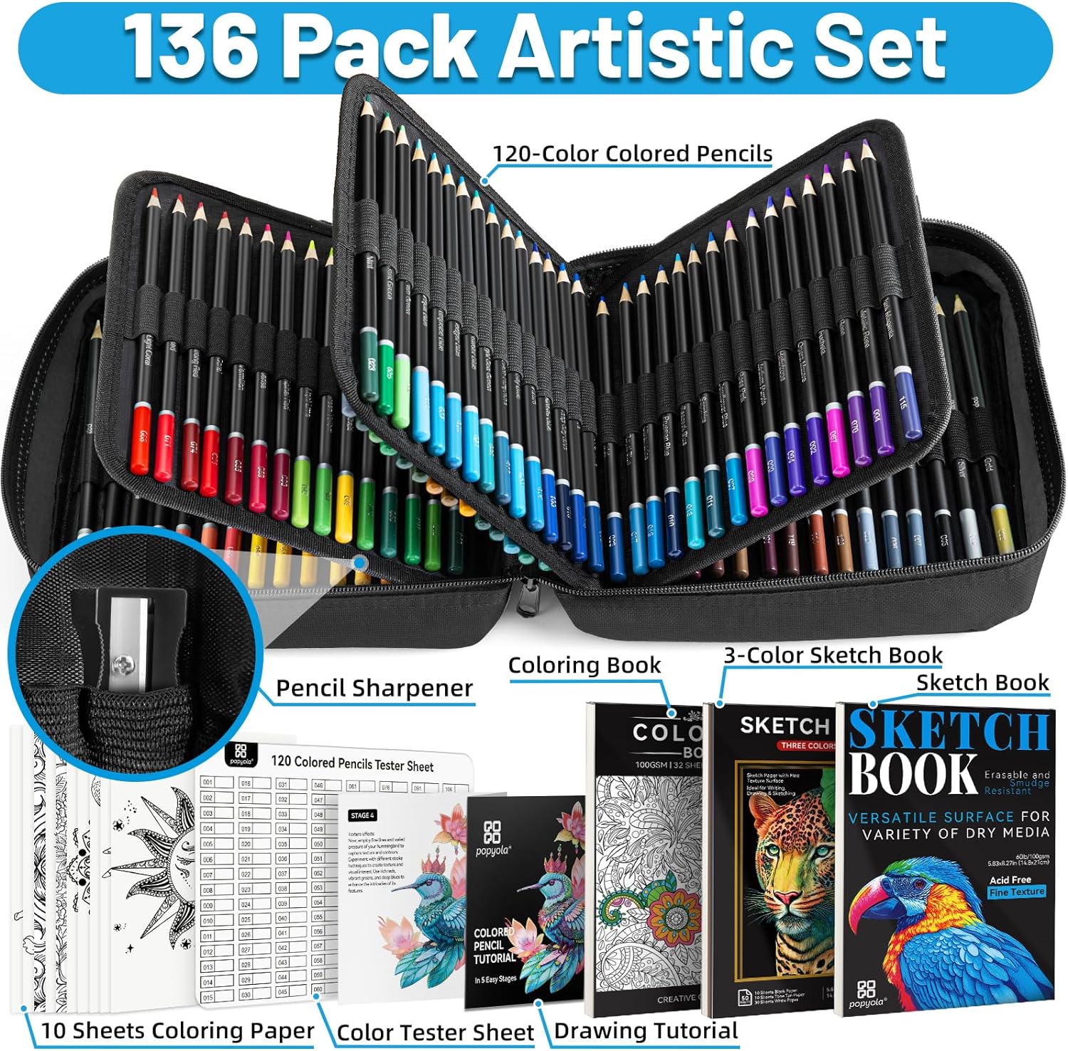 POPYOLA 136 Pack Colored Pencils Set with Portable Gift Case, Art Supplies 120 Colored Pencils, 3-Color Sketch Book, Coloring Book, Sketchbook, Sharpener, Professional Drawing Pencils for Adults Kids