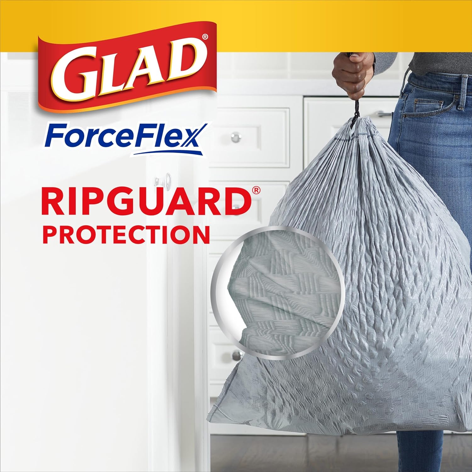 Glad ForceFlex Tall Kitchen Drawstring Trash Bags, 13 Gal, Fresh Clean Scent with Febreze, 110 Ct