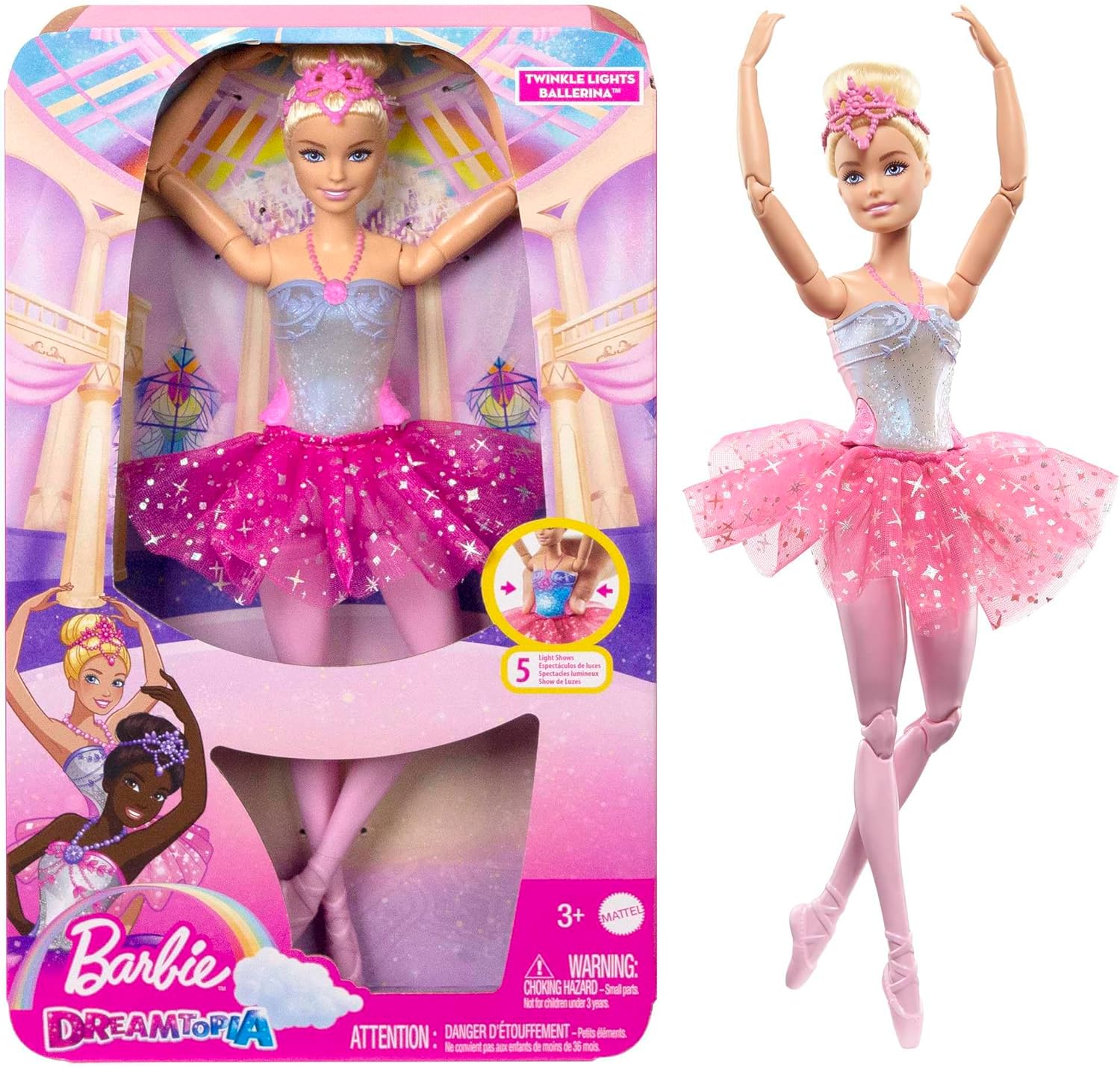 Barbie Dreamtopia Twinkle Lights Ballerina Doll with Blonde Hair & Light-Up Feature Wearing Royal Headband & Pink Tutu