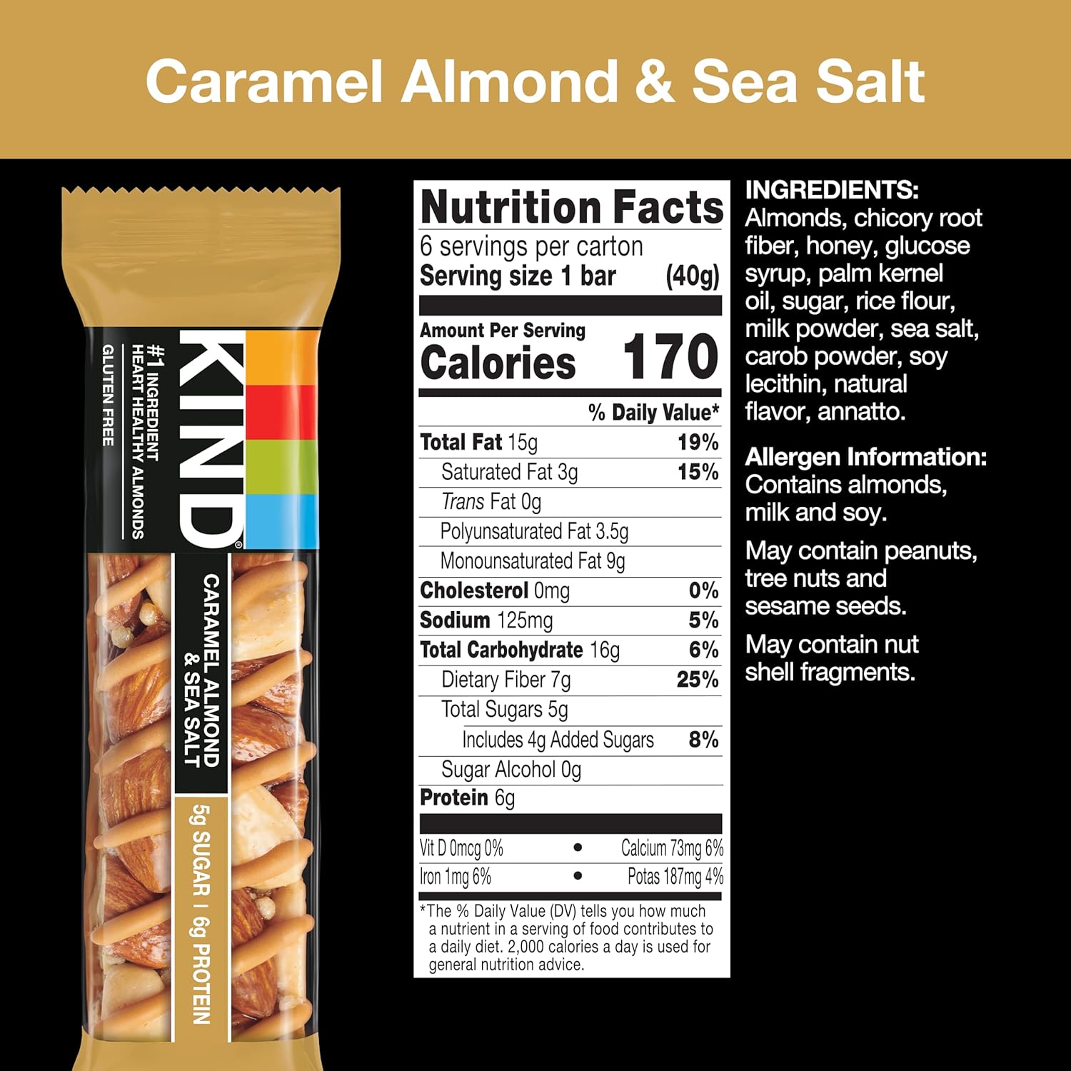 KIND Bars, Caramel Almond & Sea Salt, Healthy Snacks, Gluten Free, Low Sugar, 6g Protein, 12 Count