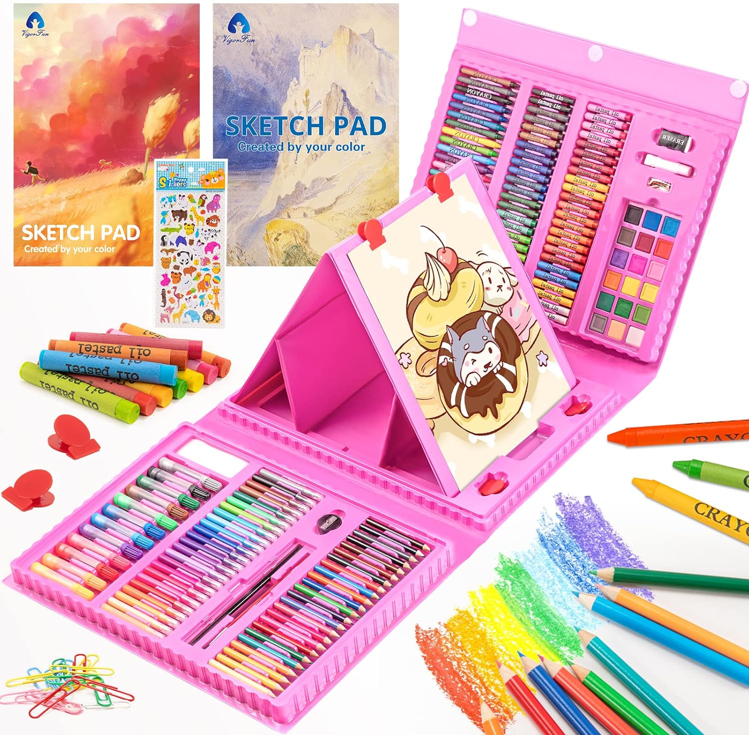 VigorFun Art Supplies, 240-Piece Drawing Art Kit, Gifts for Girls Boys Teens, Art Set Crafts Case with Double Sided Trifold Easel, Includes Sketch Pads, Oil Pastels, Crayons, Colored Pencils (Pink)