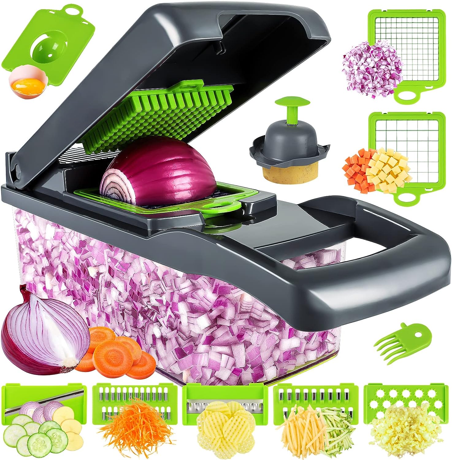 Vegetable Chopper, Pro Onion Chopper, Multifunctional 13 in 1 Food Chopper, Kitchen Vegetable Slicer Dicer Cutter,Veggie Chopper With 8 Blades,Carrot and Garlic Chopper With Container…