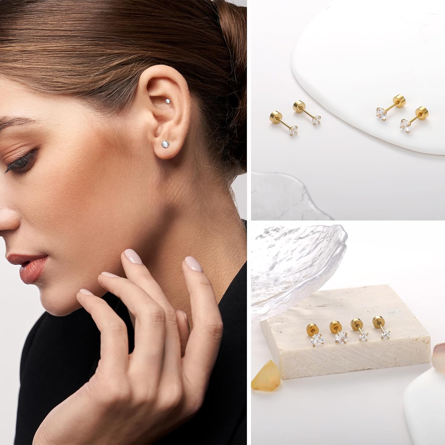 2 Pairs Flat Back Earrings for Women Multipack | 18K Gold Earrings | Helix Earrings | Cartilage Earring | Nickel Free Hypoallergenic Earrings | Cubic Zirconia Earrings Studs(3mm+5mm, Gold)