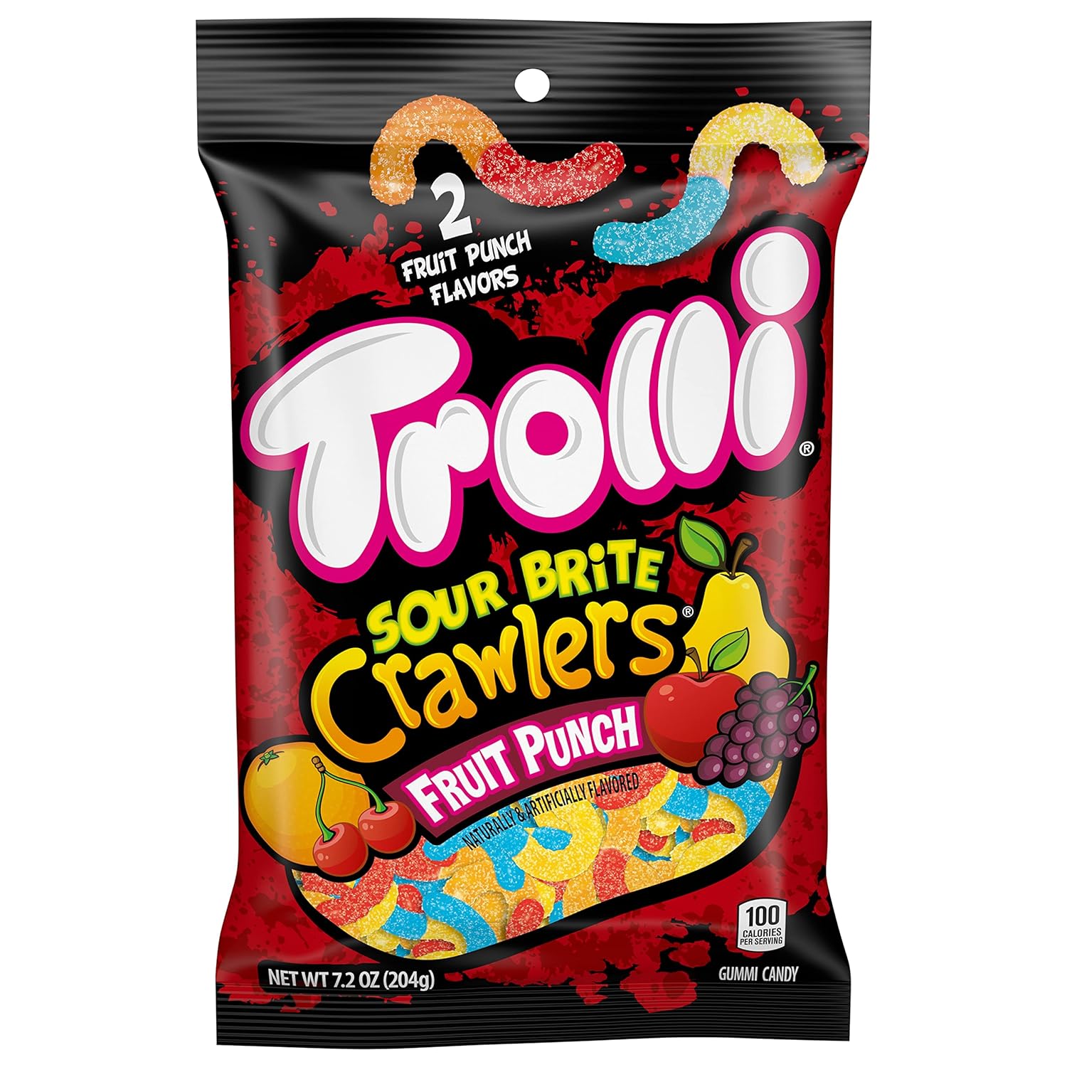 Trolli Sour Brite Crawlers Candy, Fruit Punch Flavored Sour Gummy Worms, 7.2 Ounce