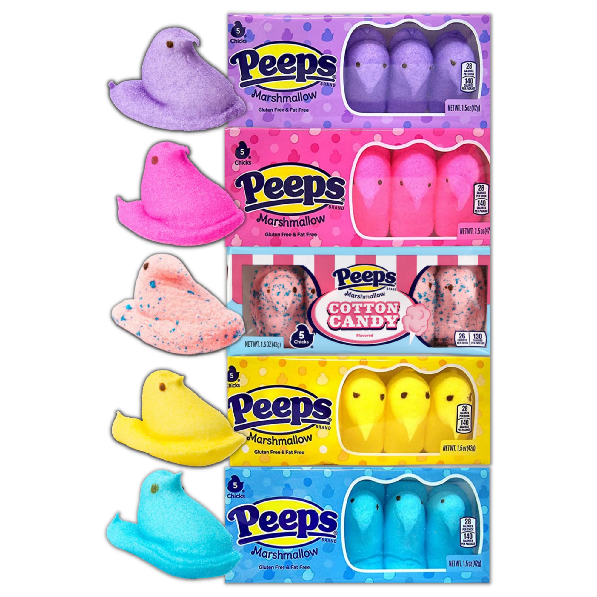 Peeps Marshmallow Easter Candy Variety 5 Pack, Sugar Coated Fluffy Marshmallows in Assorted Colors, Cute Dessert Toppers, 5 Count, Pack of 5