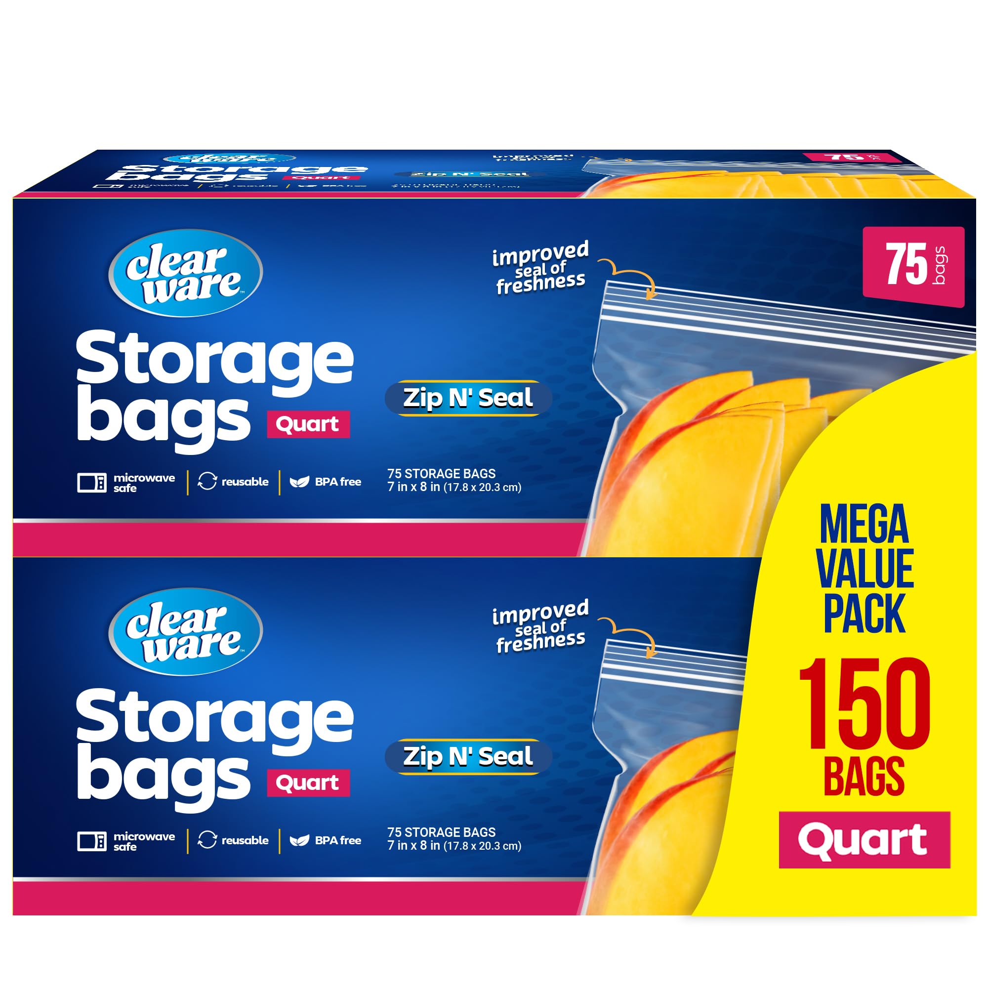 Quart Storage Bags - 150 Count, Resealable Thick Plastic Food Storage Bags - Microwave-Safe, Zero BPA - Reusable Double Zippered Containers for Lunch, Snacks, Meals - 2 Boxes