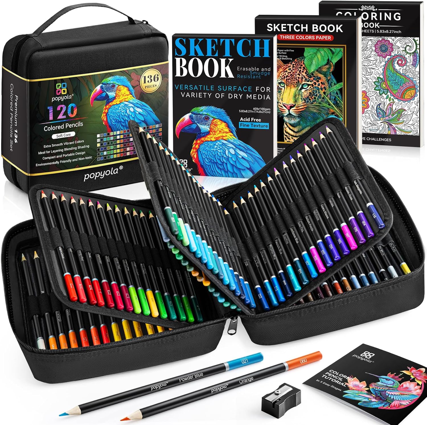 POPYOLA 136 Pack Colored Pencils Set with Portable Gift Case, Art Supplies 120 Colored Pencils, 3-Color Sketch Book, Coloring Book, Sketchbook, Sharpener, Professional Drawing Pencils for Adults Kids