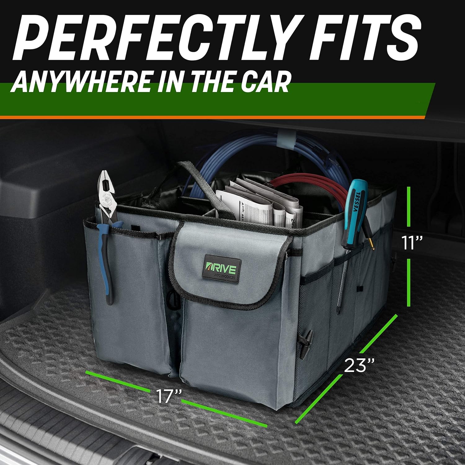 Drive Auto - Compact Car Trunk Organizer with Adjustable Straps - Grey