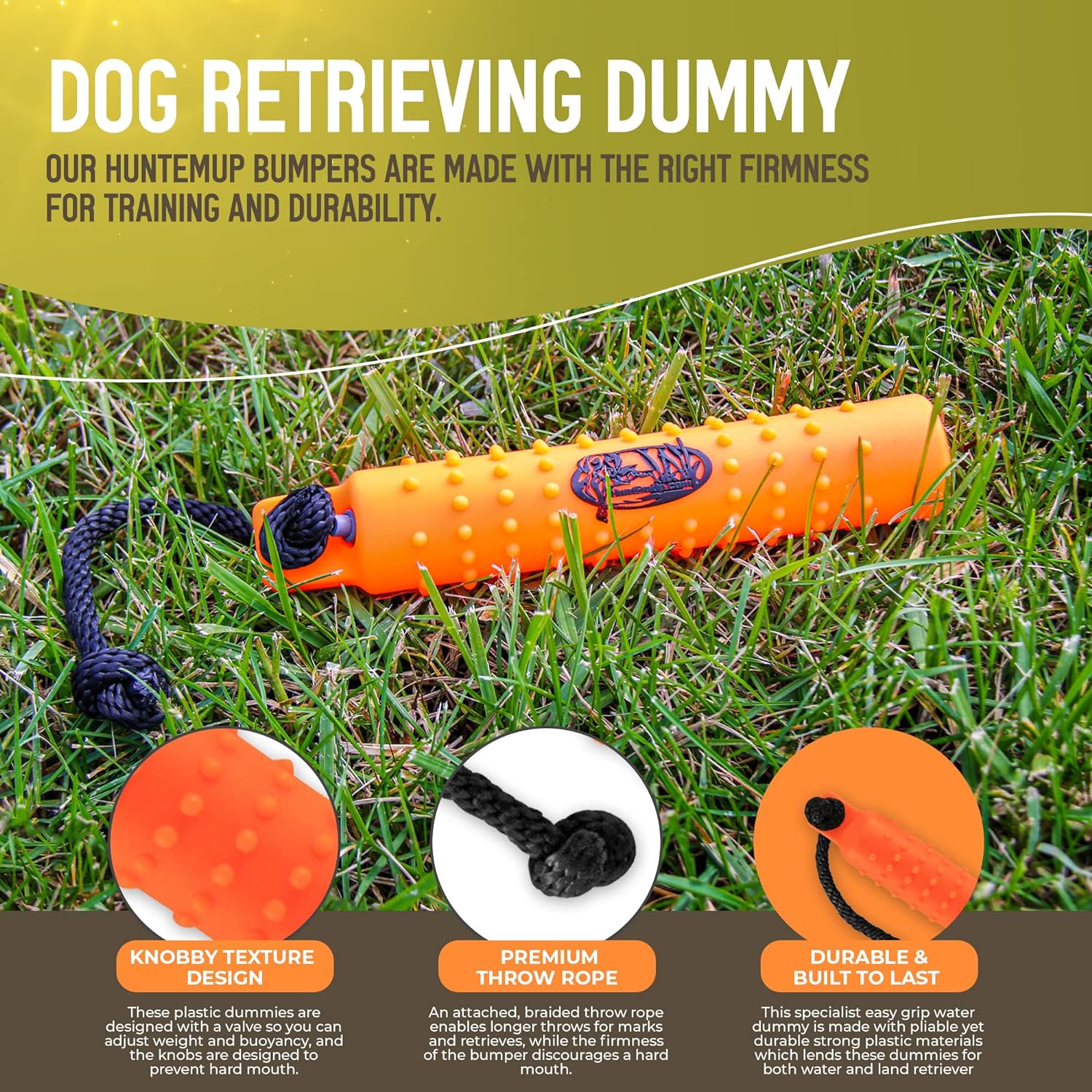 HuntEmUp Standard Size Plastic Dog Training Bumper with Throw Rope Dog Retrieving Dummy Duck Dog Hunting Training Tool Highly Visible Dog Float Toy – Orange