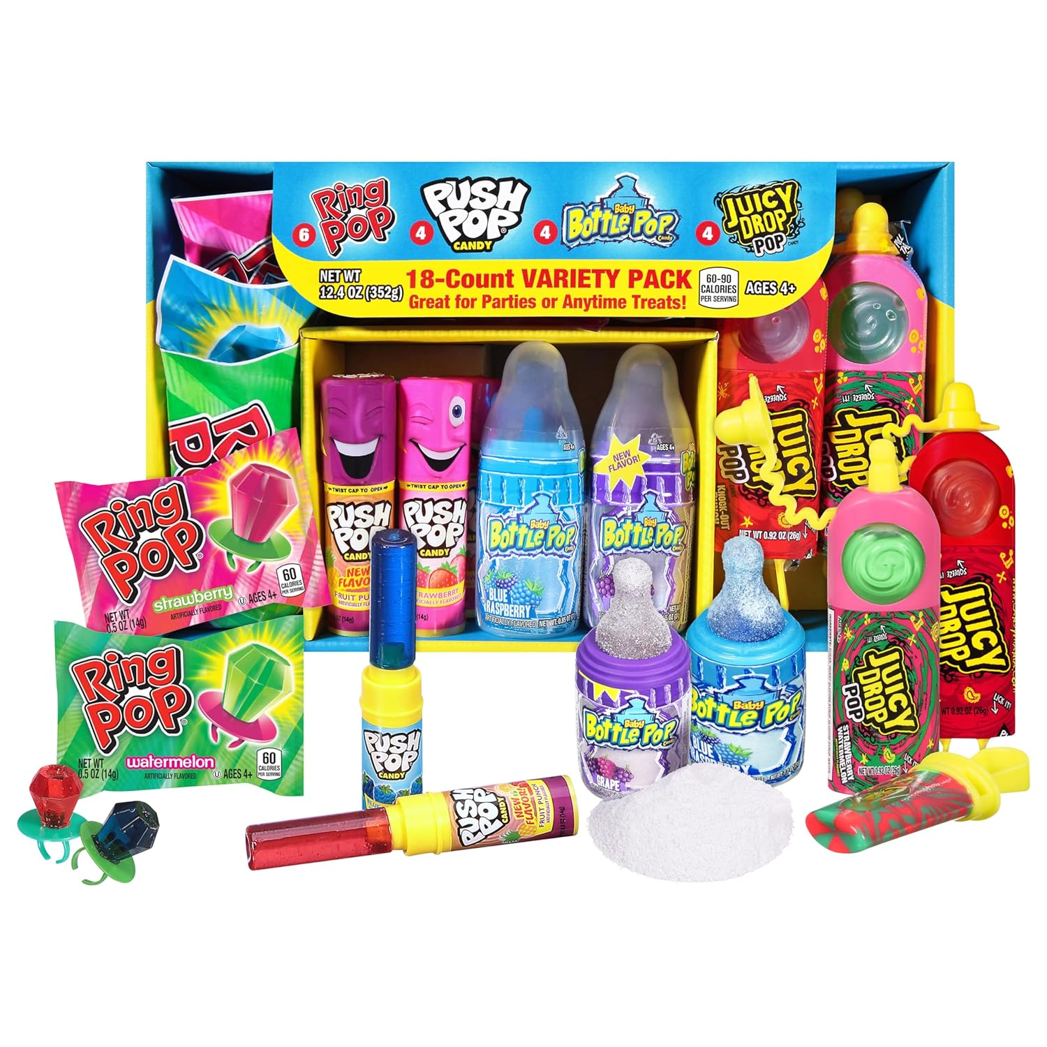 Bazooka Candy Brands Holiday Candy Variety Pack 18 Count:Fun Bulk Candy for Kids from Ring Pop,Push Pop,Baby Bottle Pop&Juicy Drop-Candy Gift Box for Birthdays,Party Favors,Stocking Stuffers