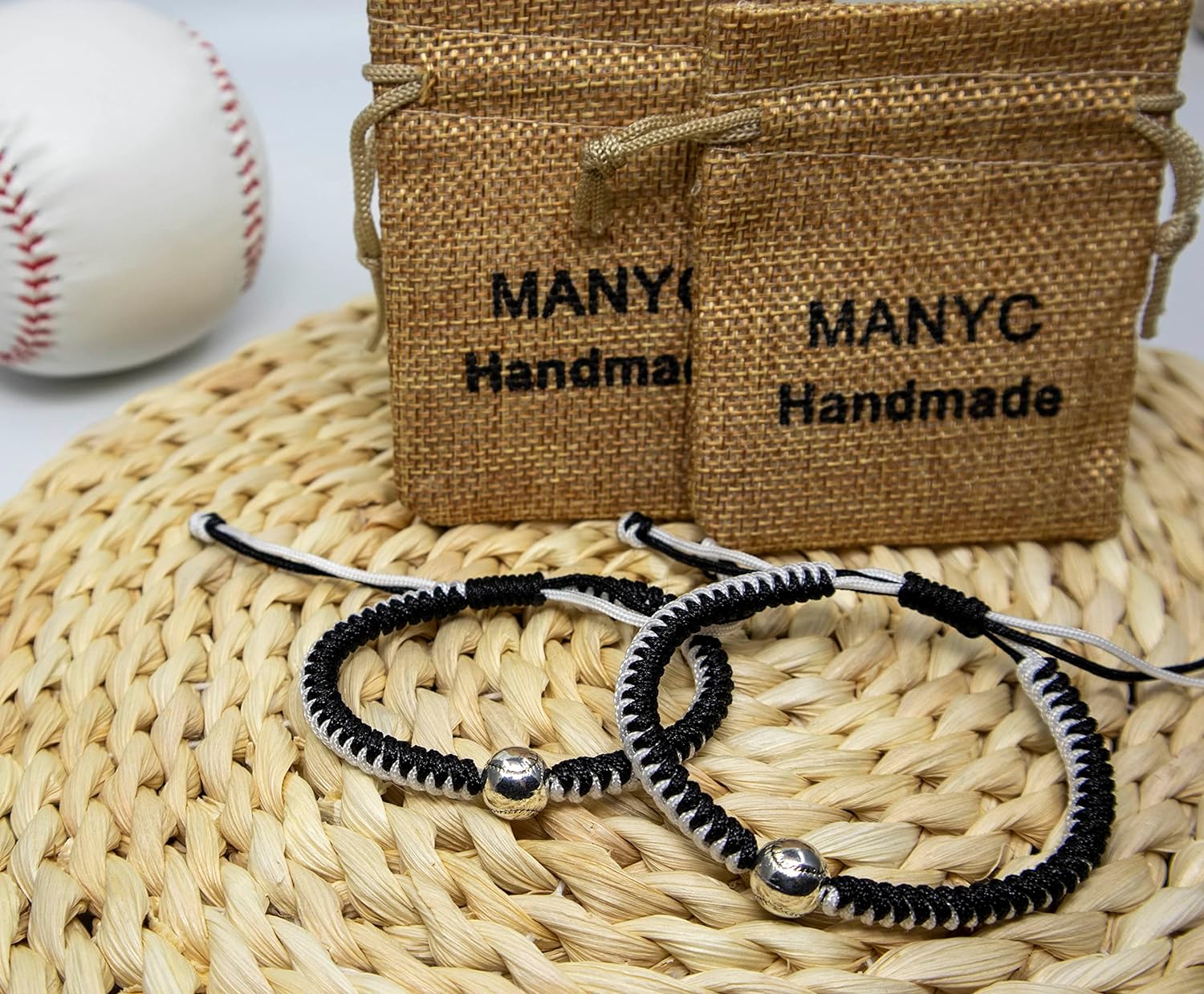 Braided Bracelets Baseball Gifts for Boys Adjustable Wristbands with Baseball Beads, Inspirational Baseball Bracelets for Girls Teens Adults (Black 2PCS)