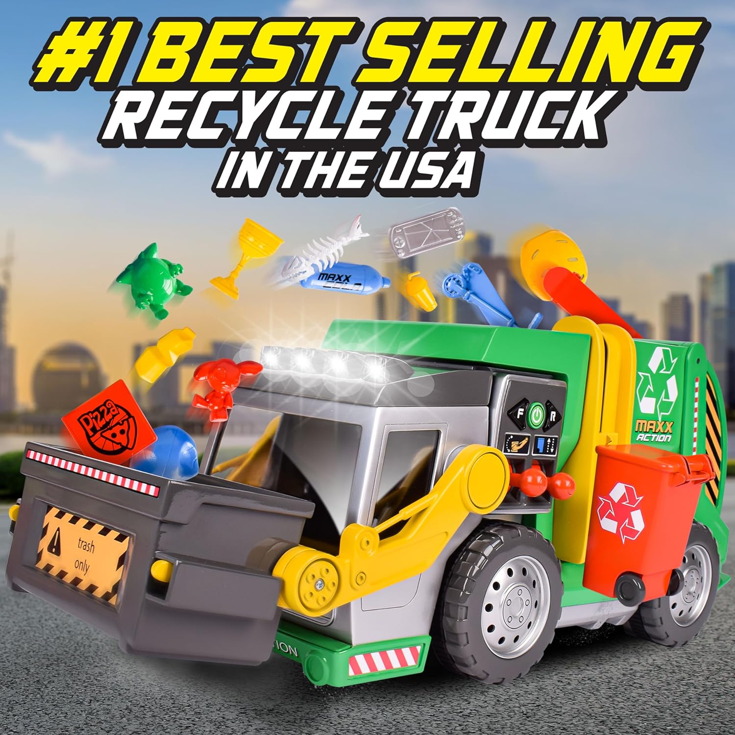 Sunny Days Entertainment Maxx Action 19’’ 3-N-1 Maxx Recycler – Large Garbage Truck Toy with Lights, Sounds and Motorized Drive | Realistic Trash Truck with Dual Joystick Controllers