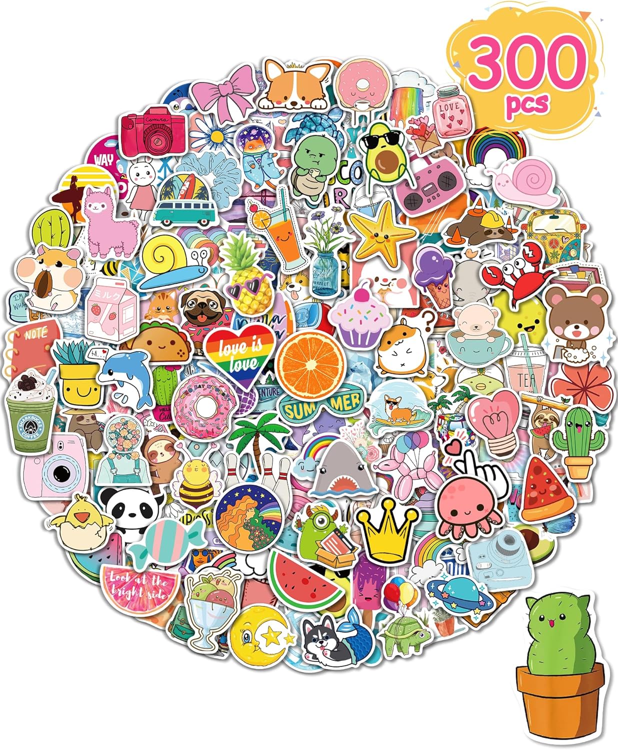 Sticker for Water Bottles, 300 Pcs/Pack Cute Vinyl Waterproof Vsco Laptop Stickers for School Students Classroom Christmas Stocking Stuffers Teachers Prizes Hydroflask Stickers for Kids Teens Girls
