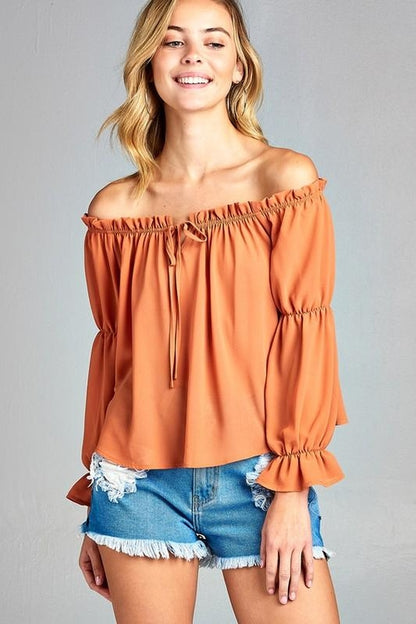 Women's Puff Long Sleeve Ruffled Front Tie Off Shoulder Top