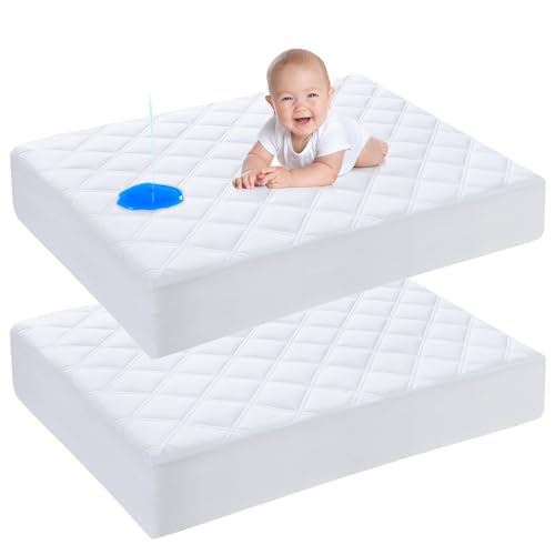 Yoofoss Waterproof Crib Mattress Protector 2 Pack, Quilted Crib Mattress Pad Cover Ultra Soft and Breathable, Machine Washable Toddler Mattress Protector for Standard Baby Crib Size 52''x28''