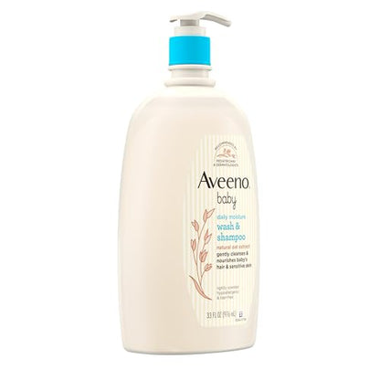 Aveeno Baby Daily Moisture Gentle Bath Wash & Shampoo with Natural Oat Extract, Hypoallergenic, Tear-Free & Paraben-Free Formula For Sensitive Hair & Skin, Lightly Scented, 33 fl. oz