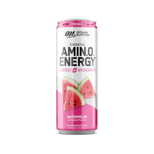 Optimum Nutrition Amino Energy Sparkling Hydration Drink, Electrolytes, Caffeine, Amino Acids, BCAAs, Sugar Free, Juicy Strawberry, 12 Fl Oz, 12 Pack (Packaging May Vary)