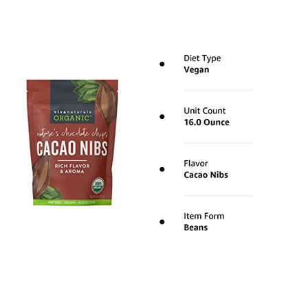 Viva Naturals Organic Cacao Nibs, 1 Lb - Certified Keto and Vegan Superfood, Perfect for Gluten Free Baking, Cacao Nib Smoothies and Healthy Snacks, Premium Criollo Beans, Non-GMO