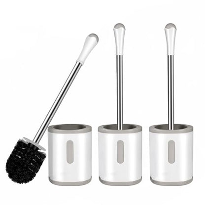 Compact Toilet Brush & Holder, Stainless Steel Handle, Space Saving for Storage, Deep Cleaning, Drip-Proof, Easy to Assemble, Nylon Bristles, White & Grey