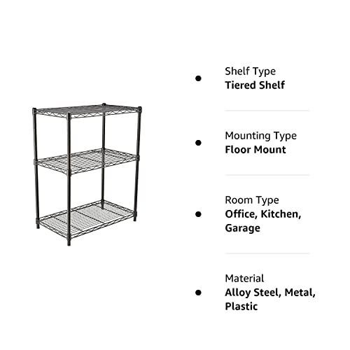 Amazon Basics 3-Shelf Adjustable, Heavy Duty Storage Shelving Unit (250 lbs loading capacity per shelf), Steel Organizer Wire Rack, 23.2"L x 13.4"W x 30"H, Black