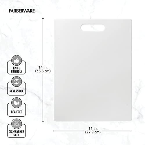 Farberware Large Cutting Board, Dishwasher- Safe Plastic Chopping Board for Kitchen with Easy Grip Handle, 11-inch by 14-inch, White