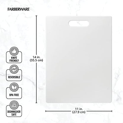 Farberware Large Cutting Board, Dishwasher- Safe Plastic Chopping Board for Kitchen with Easy Grip Handle, 11-inch by 14-inch, White