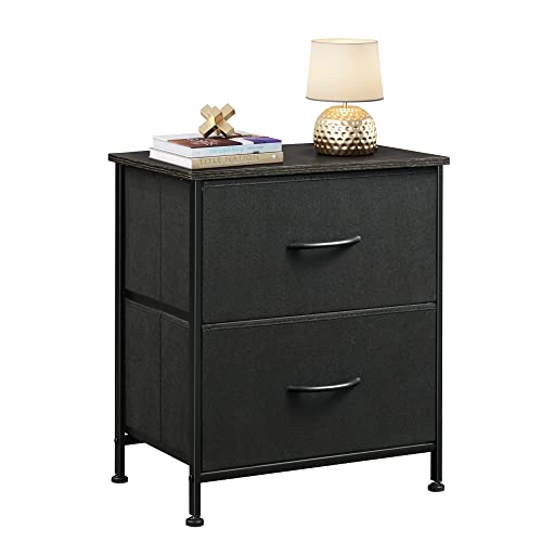 WLIVE Black Nightstand, Small Dresser for Bedroom with 2 Fabric Drawer, Bed Side Table with Drawers, End Table Bedside Furniture, Sturdy Steel Frame, Wood Top, Closet Organizer, College Dorm