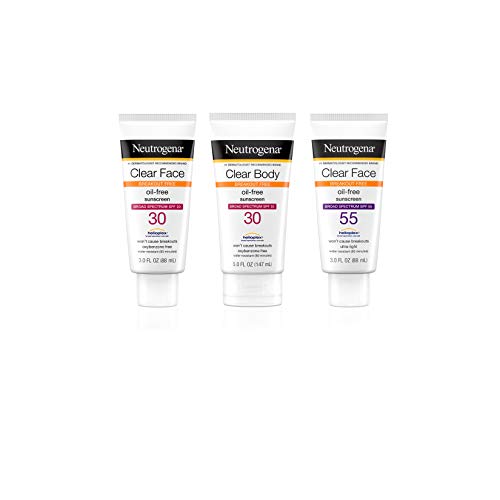 Neutrogena Clear Face Liquid Sunscreen for Acne-Prone Skin, Broad Spectrum SPF 30 Sunscreen Lotion with Helioplex, Oxybenzone-Free, Oil-Free, Fragrance-Free; Non-Comedogenic, 3 fl. oz